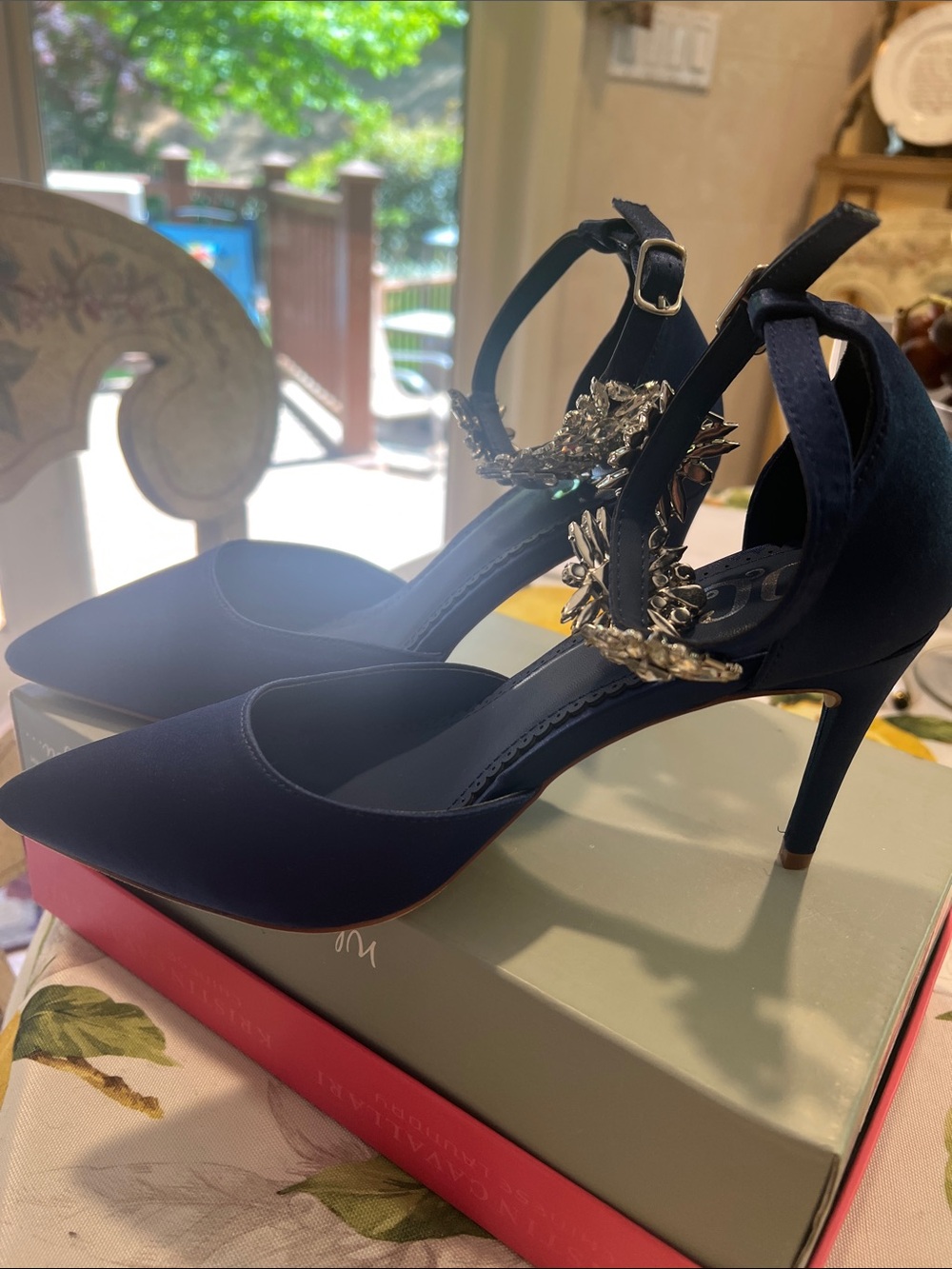 New, Navy Pointed-Toe Ankle-Strap Stiletto Heels with Crystal Accent - Picture 8 of 10
